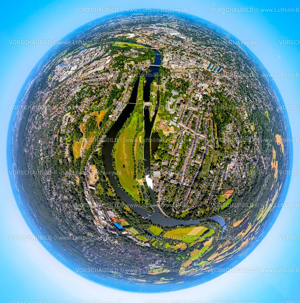 Muelheim230790116_Ruhrauen_Wasserbahnhof | Luftbild, Fluss Ruhr Ruhrauen, Ruhrinsel mit Ruhrschleuse Wasserbahnhof, Erdkugel, Fisheye Aufnahme, Fischaugen Aufnahme, 360 Grad Aufnahme, tiny world, Altstadt I - Südwest, Mülheim an der Ruhr, Ruhrgebiet, Nordrhein-Westfalen, Deutschland