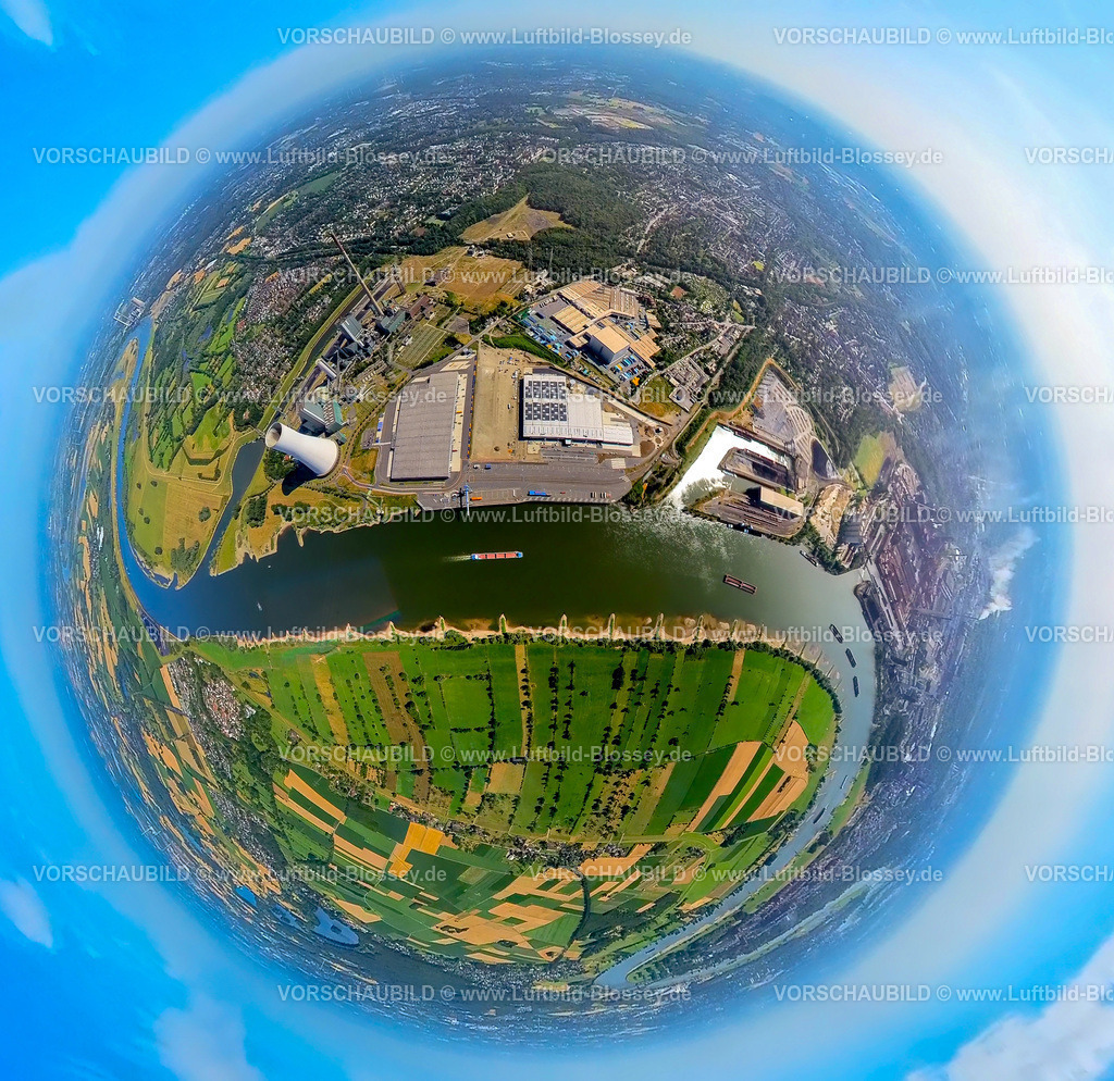 Duisburg230790202_LogPort VI | Luftbild, logport VI, Baustelle mit Neubau am STEAG Kraftwerk Walsum am Fluss Rhein, Erdkugel, Fisheye Aufnahme, Fischaugen Aufnahme, 360 Grad Aufnahme, tiny world, Alt-Walsum, Duisburg, Ruhrgebiet, Nordrhein-Westfalen, Deutschland