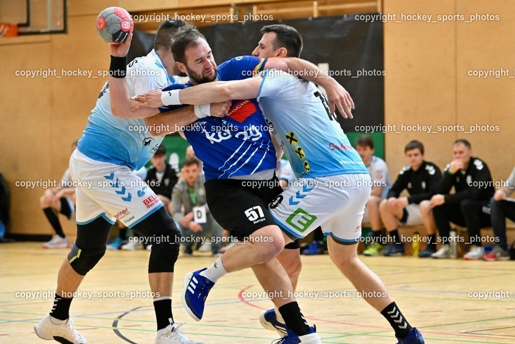 SC Ferlach vs. HSG Bärnbach/Köflach 30.3.2024 | #57 LEBAN Patrik SC Ferlach, #10 Perkusic Toni HSG Bärnbach, SC Ferlach vs. HSG Bärnbach/Köflach 30.3.2024, SC Ferlach vs. HSG Bärnbach/Köflach am 30.03.2024 in Ferlach (Ballspielhalle Ferlach), Austria, (Photo by Bernd Stefan)