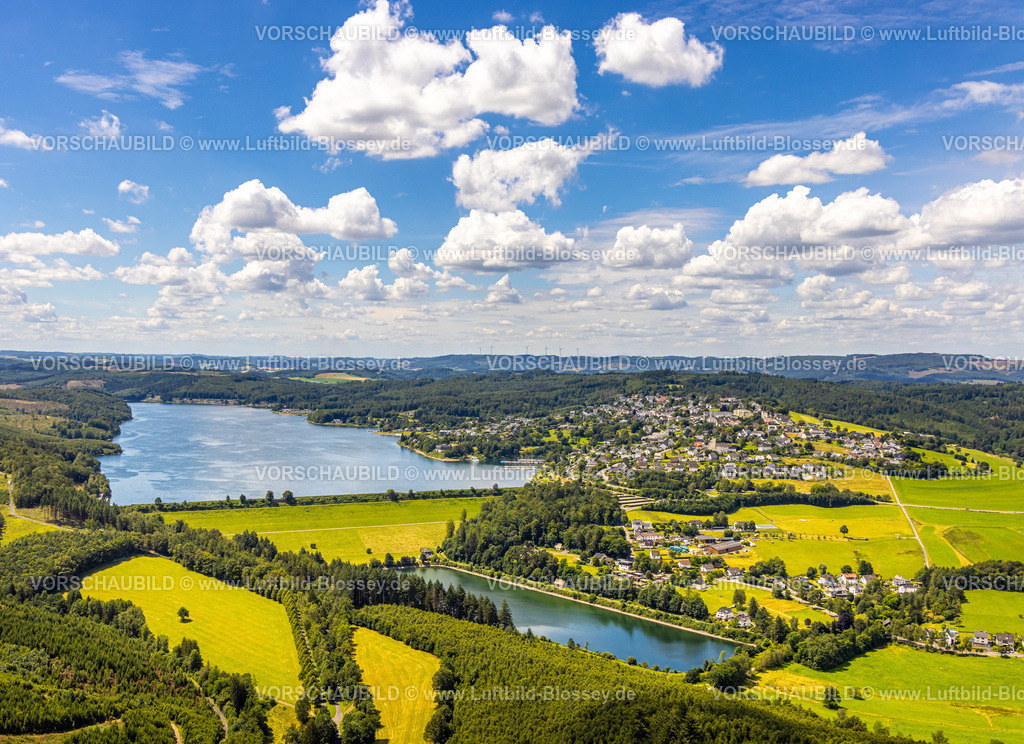 Sundern240708425 | Luftbild, Sorpetalsperre und Staumauer Damm, Ausgleichsweiher vom Sorpesee, Fernsicht und blauer Himmel mit Wolken, Stemel, Sundern, Sauerland, Nordrhein-Westfalen, Deutschland
