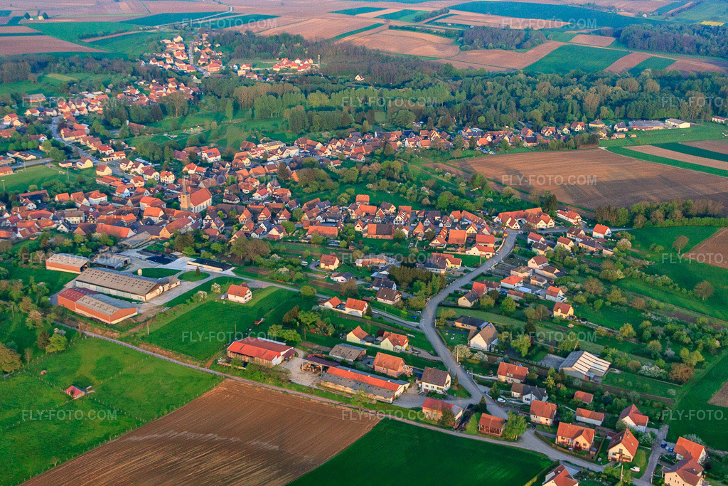Aerial view: View of the town from the west in Riedseltz in the state Bas-Rhin, France.Photo: IMG_56875.jpg taken on 05/05/2013 by Werner Riehm/FLY-FOTO.comResolution of the original: 4752 x 3168 px