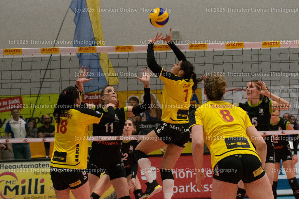 VBL VFB SUHL vs. LADIES IN BLACK AACHEN | Aachen in SCHWARZ gegen Suhl in GELB; VBL VFB SUHL vs. LADIES IN BLACK AACHEN, Volleyball-Bundesliga Frauen am 03.02.2018 in der Multihalle in Meiningen, (Deutschland) - Realisiert mit Pictrs.com