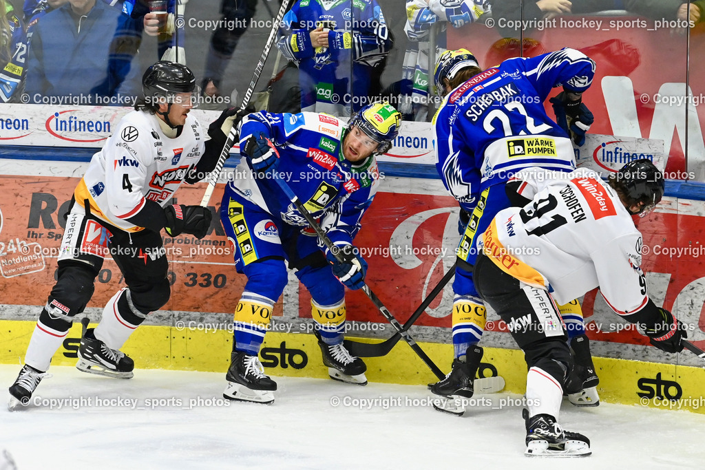 EC IDM Wärmepumpen VSV vs. Pioneers Vorarlberg | #91 Marlon Tschofen Pioneers Vorarlberg, #22 Nikita Scherbak EC VSV, #16 Kevin Hancock EC VSV, #4 Ramon Schnetzer Pioneers Vorarlberg, EC IDM Wärmepumpen VSV vs. Pioneers Vorarlberg, EC IDM Wärmepumpen VSV vs. Pioneers Vorarlberg am 22.02.2026 in Villach (Stadthalle Villach), Austria, (Photo by Bernd Stefan)