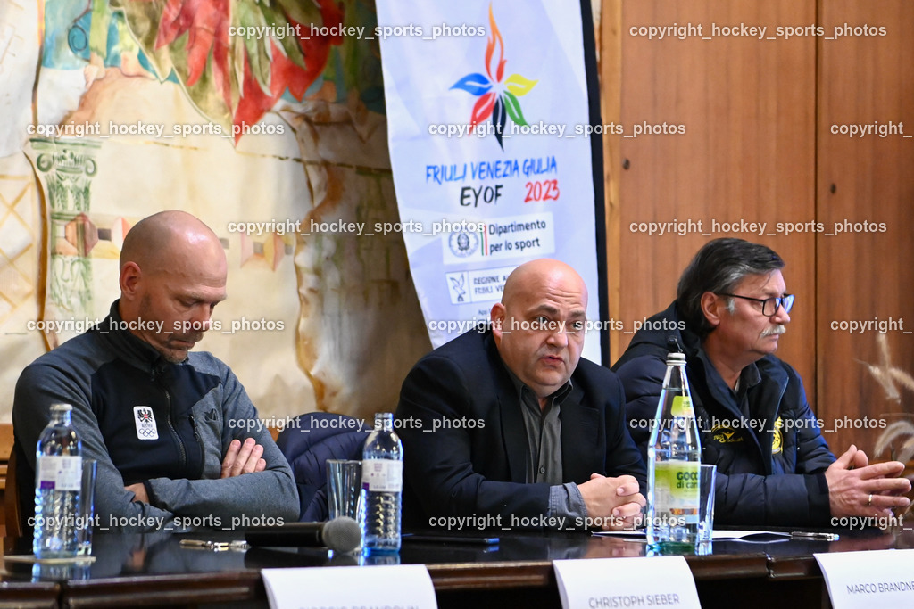 European Youth Olympic Festival EYOF 2023 Pressekonferenz | ÖSTERREICHISCHES OLYMPISCHES COMITÉ Christoph Sieber, Gemeinderat Spittal an der Drau Marco Brandner, Obmann EC Hornets Spittal Ludwig Zauchner