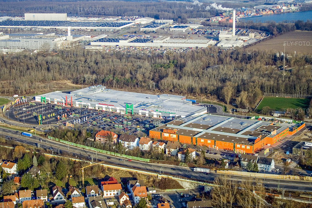 Luftbild: Globus Baumarkt im Maximilian Center im Ortsteil Maximiliansau in Wörth im Bundesland Rheinland-Pfalz in Deutschland. Foto: IMG_9042.jpg vom 15.12.2007 durch Werner Riehm/FLY-FOTO.de
