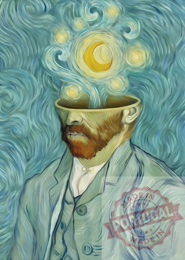 Vincent van Gogh painting starry night inside his mind | Surreal portrait of Vincent van Gogh painting starry night inside his mind - Realized with Pictrs.com