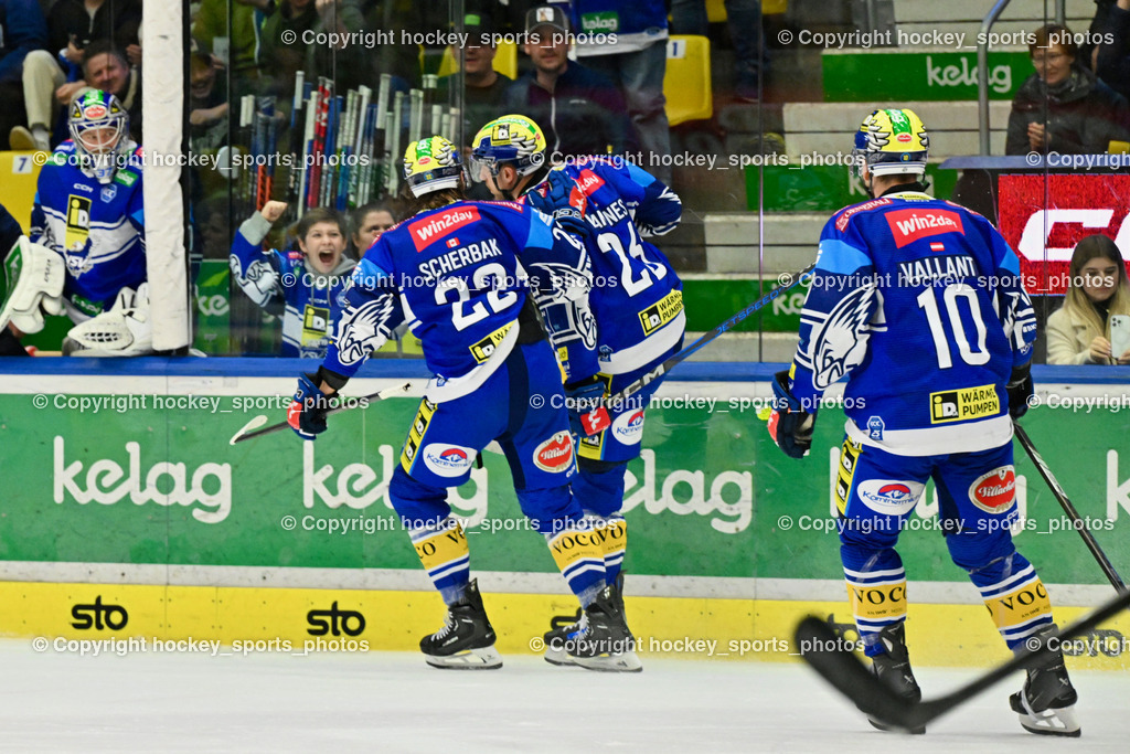EC IDM Wärmepumpen VSV vs. STEINBACH BLACK WINGS LINZ  | Jubel EC VSV Mannschaft, #22 SCHERBAK Nikita EC VSV, #26 VAN NES Guus EC VSV, #10 VALLANT Thomas EC VSV, EC IDM Wärmepumpen VSV vs. STEINBACH BLACK WINGS LINZ , EC IDM Wärmepumpen VSV vs. STEINBACH BLACK WINGS LINZ  am 28.01.2025 in Villach (Stadthalle Villach), Austria, (Photo by Bernd Stefan)