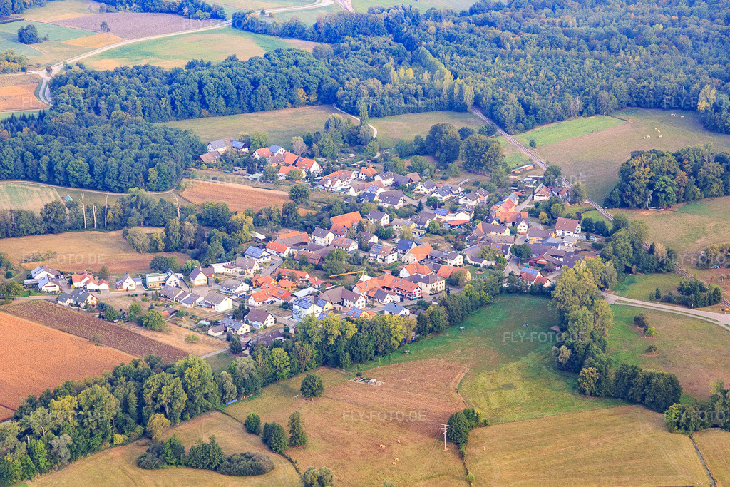 Luftbild: Ortsansicht von Westen im Ortsteil Hildmannsfeld in Rheinmünster im Bundesland Baden-Württemberg in Deutschland. Foto: IMG_008811.jpg vom 20.09.2020 durch Werner Riehm/FLY-FOTO.de
