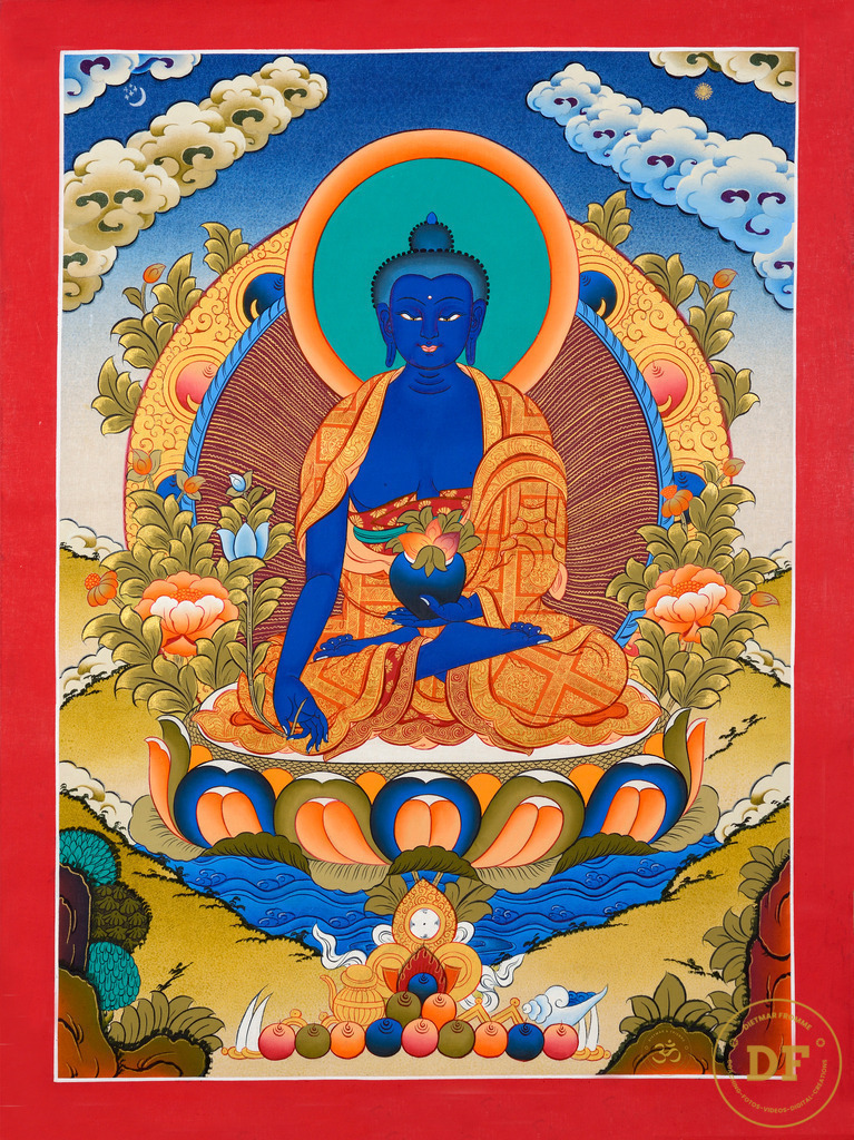 Medizin Buddha Thangka Foto / Medcine Buddha thangka picture  | - mittiges Wasserzeichen im download gelöscht -Medizinbuddha Thangka Foto / Medcinebuddha thangka picture mit OM Logo unten rechts/ with OM logo lower rigthTibtisch Medizinbuddha Kurz Mantra /Medicinebuddhamantra tibet:Tad-ya-ta Om Be-kan-dze Be-kan-dze Ma-ha Be-kan-dze Ra-dza Sa-mung-ga-te So-ha