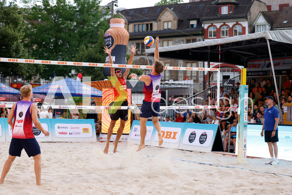Obi BeachTour 2026 - Basel | BASEL, SWITZERLAND - JULY 18: FLORIAN BREER (SUI) attack / spike during the Obi BeachTour 2026 match between MASSEREY / SCHNEGG (SUI) and BREER / KÄLIN (SUI) at Barfüsserplatz on July 18, 2026 in Basel, Switzerland. - Realisiert mit Pictrs.com