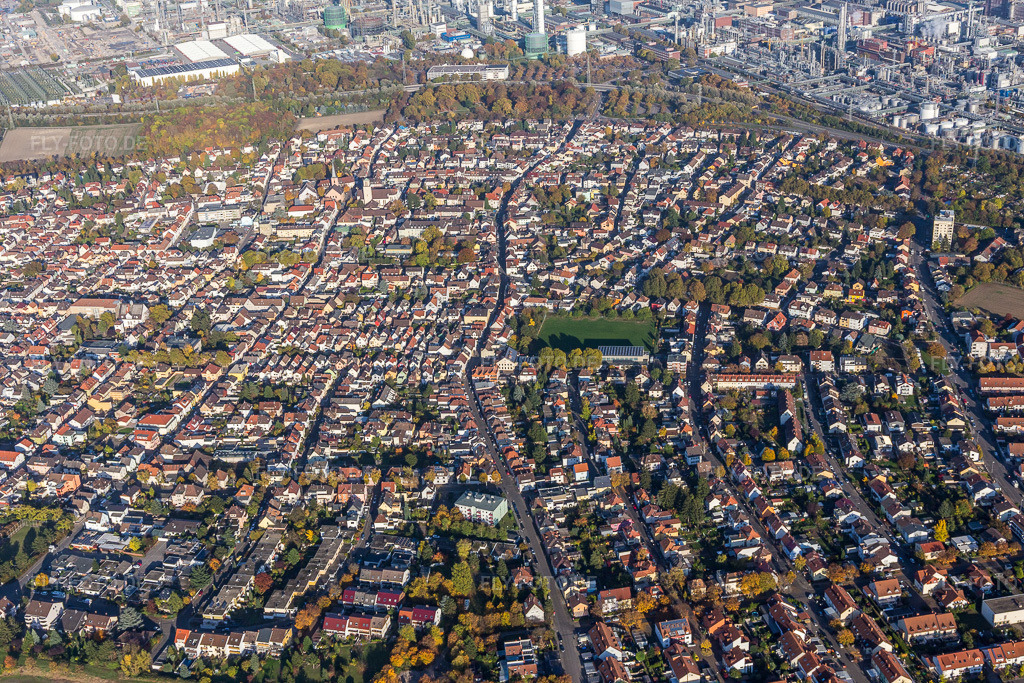 Luftbild: Werksgelände des Chemieproduzenten BASF hinter dem Ortsteil Oppau am Rhein im Ortsteil Oppau in Ludwigshafen im Bundesland Rheinland-Pfalz in Deutschland. Foto: IMG_095546.jpg vom 30.10.2016 durch Werner Riehm/FLY-FOTO.de