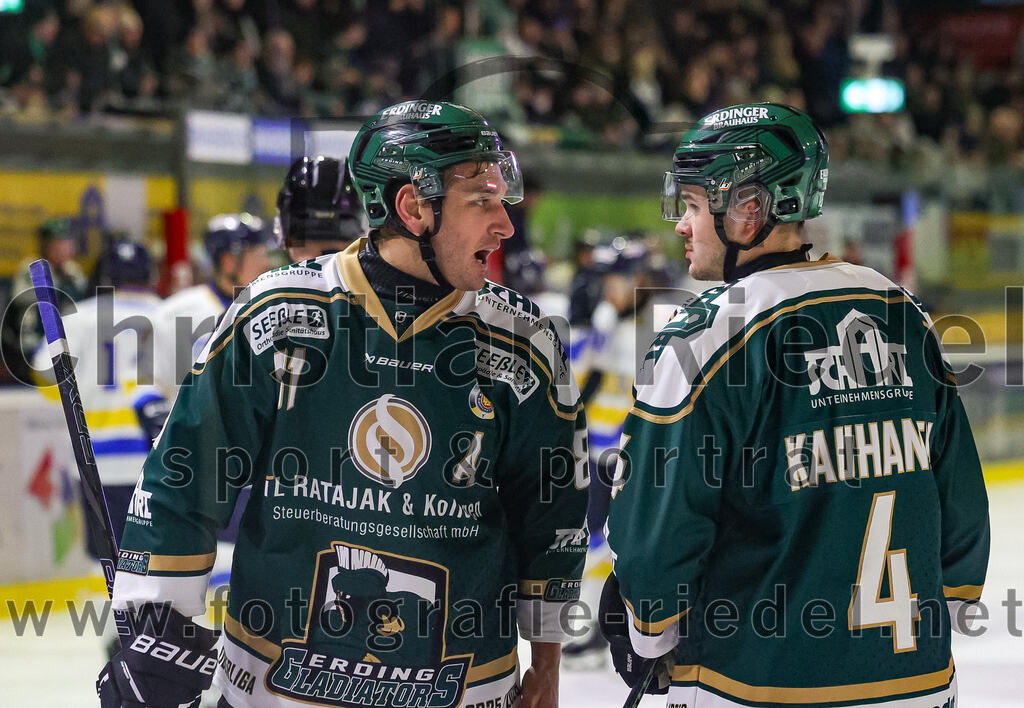 2026-01-09_065_TSV_Erding_gegen_Stuttgart_Rebels | Erding, Deutschland, 09.01.2026:Eishockey, Oberliga Süd 2025 / 2026, 35. Spieltag, TSV Erding gegen Stuttgart Rebels, Endergebnis: Maximilian Forster (Erding Gladiators, #81), Jesse Kauhanen (Erding Gladiators, #4)Foto: Christian Riedel / fotografie-riedel.net
