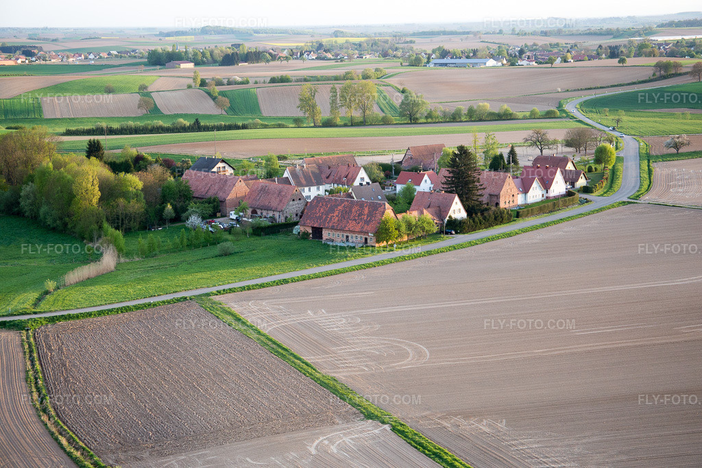 Aerial view: Frohnackerhof in Schleithal in the state Bas-Rhin, France.Photo: IMG_078030.jpg taken on 04/24/2015 by Werner Riehm/FLY-FOTO.comResolution of the original: 5472 x 3648 px