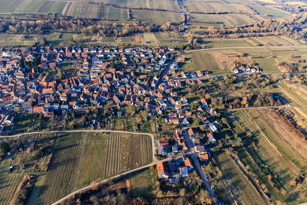 Luftbild: Ortsansicht von Süden im Ortsteil Arzheim in Landau im Bundesland Rheinland-Pfalz in Deutschland. Foto: IMG_130755.jpg vom 09.03.2022 durch Werner Riehm/FLY-FOTO.de