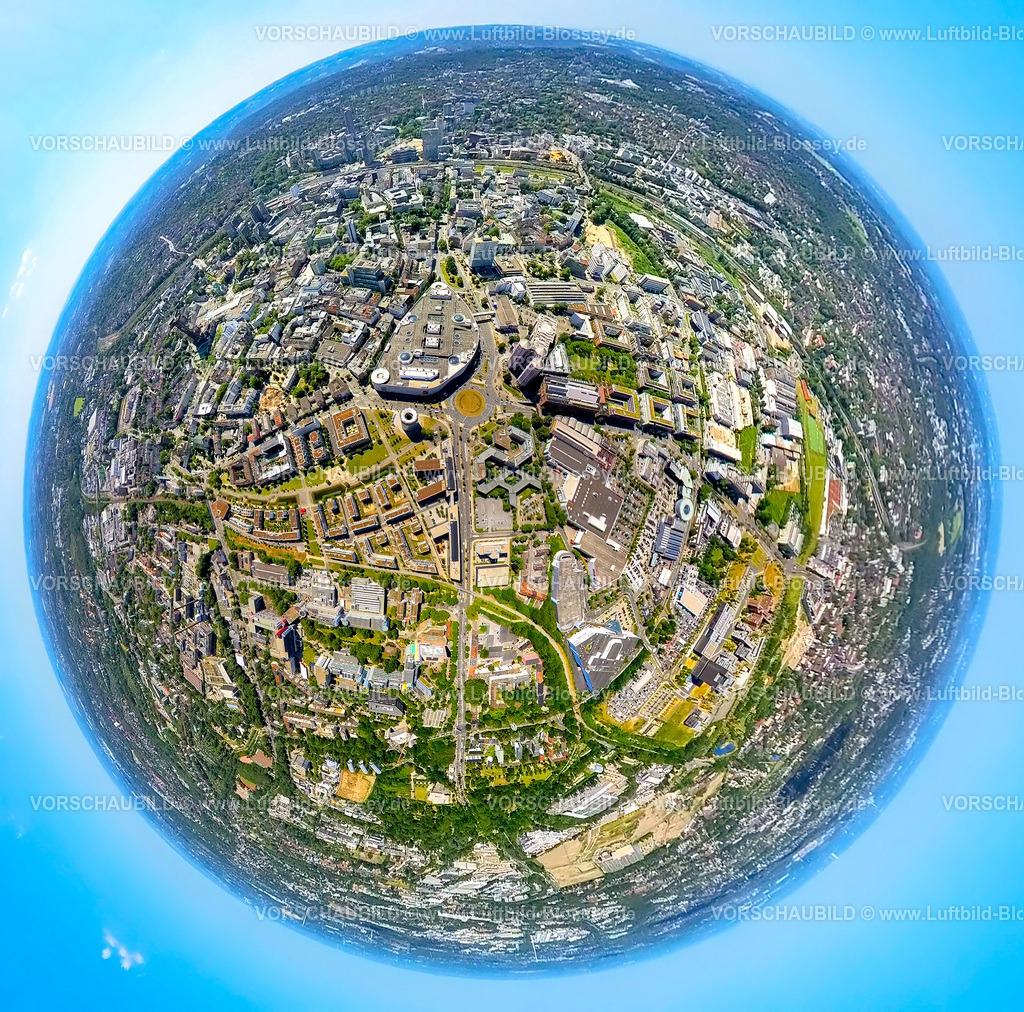 Essen230790072_Funke-Medien | Luftbild, Limbecker Platz, Funke Mediengruppe, Grüne Mitte, Erdkugel, Fisheye Aufnahme, Fischaugen Aufnahme, 360 Grad Aufnahme, tiny world, Stadtkern, Essen, Ruhrgebiet, Nordrhein-Westfalen, Deutschland