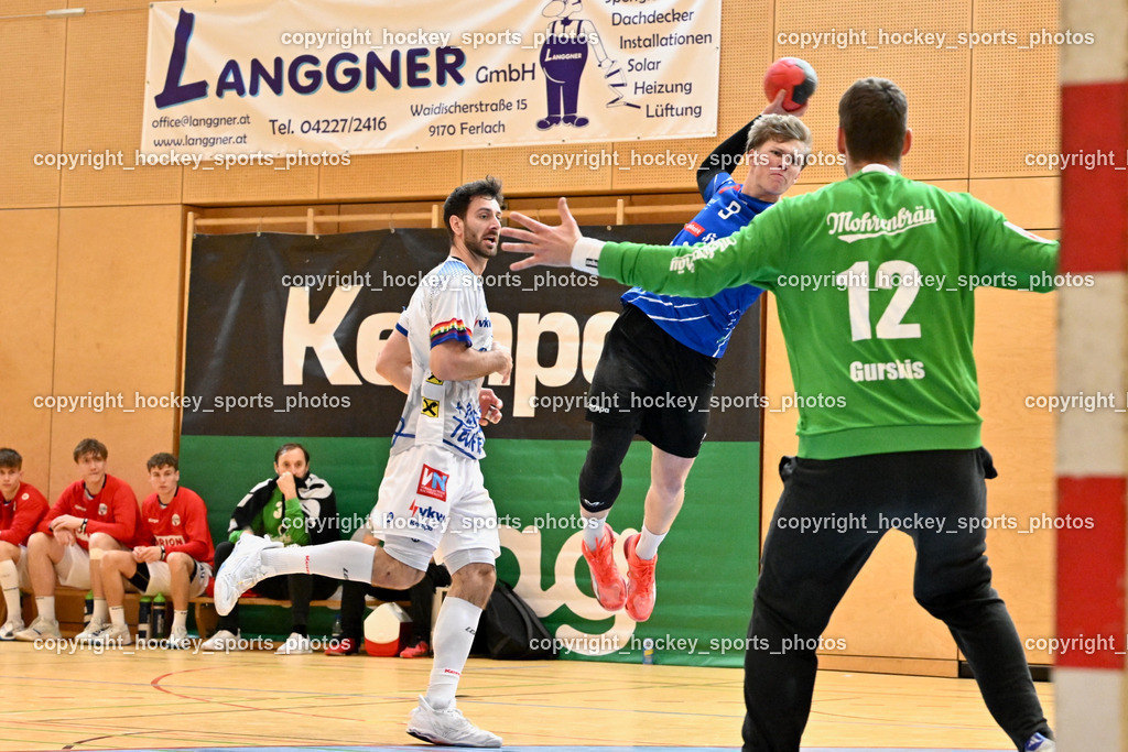 SC Ferlach vs. ALPLA HC Hard | #12 Gurskis Lukas SC Hard, #9 SAGER Nico SC Ferlach,SC Ferlach vs. ALPLA HC Hard, SC Ferlach vs. ALPLA HC Hard am 05.04.2025 in Ferlach (Ballspielhalle Ferlach), Austria, (Photo by Bernd Stefan)