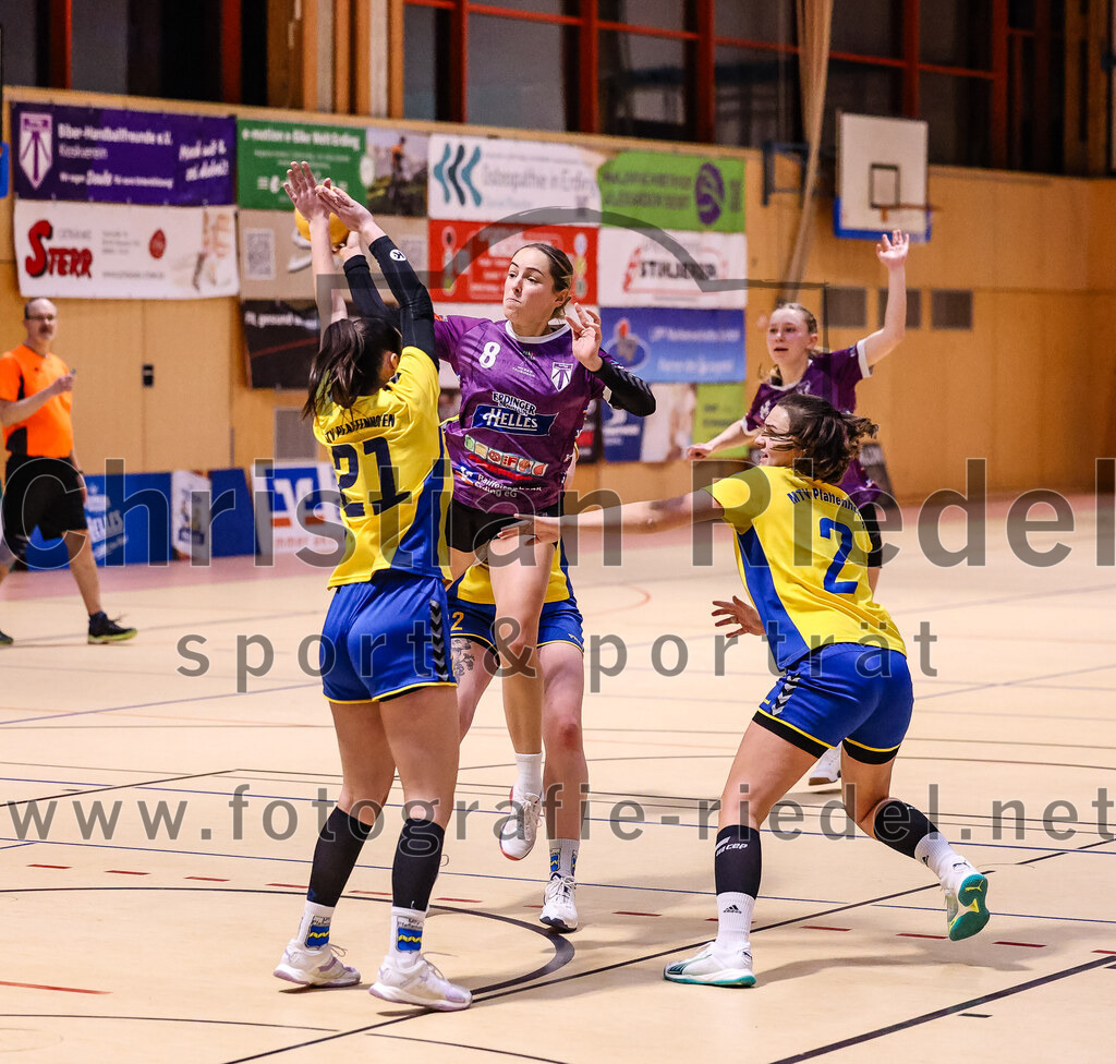 2025-02-15_124_SpVgg_Altenerding_gegen_MTV_Pfaffenhofen | Erding, Deutschland, 15.02.2025:Handball, Bezirksoberliga Frauen Altbayern 2024 / 2024, 14. Spieltag, SpVgg Altenerding gegen MTV Pfaffenhofen, Endergebnis: 27:23Annalena Krajina (MTV Pfaffenhofen, #21), Lena Prem (SpVgg Altenerding, #8), Magdalena Scherer (MTV Pfaffenhofen, #2)Foto: Christian Riedel / fotografie-riedel.net