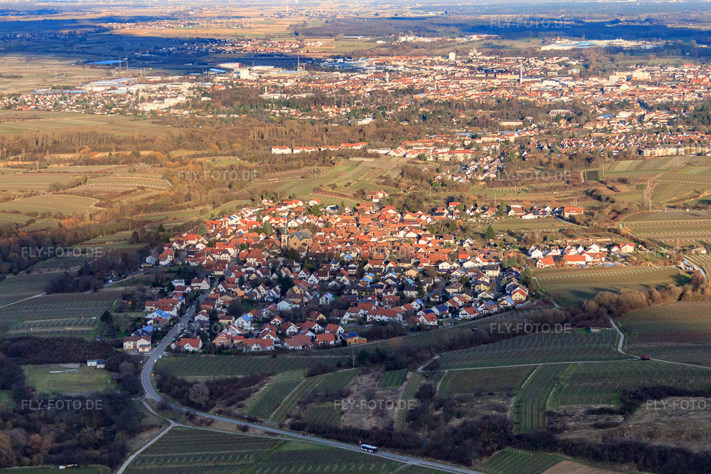 Luftbild: Ortsansicht von Westen im Ortsteil Arzheim in Landau im Bundesland Rheinland-Pfalz in Deutschland. Foto: IMG_62182.jpg vom 23.02.2014 durch Werner Riehm/FLY-FOTO.deAuflösung des Originals: 4752 x 3168 px
