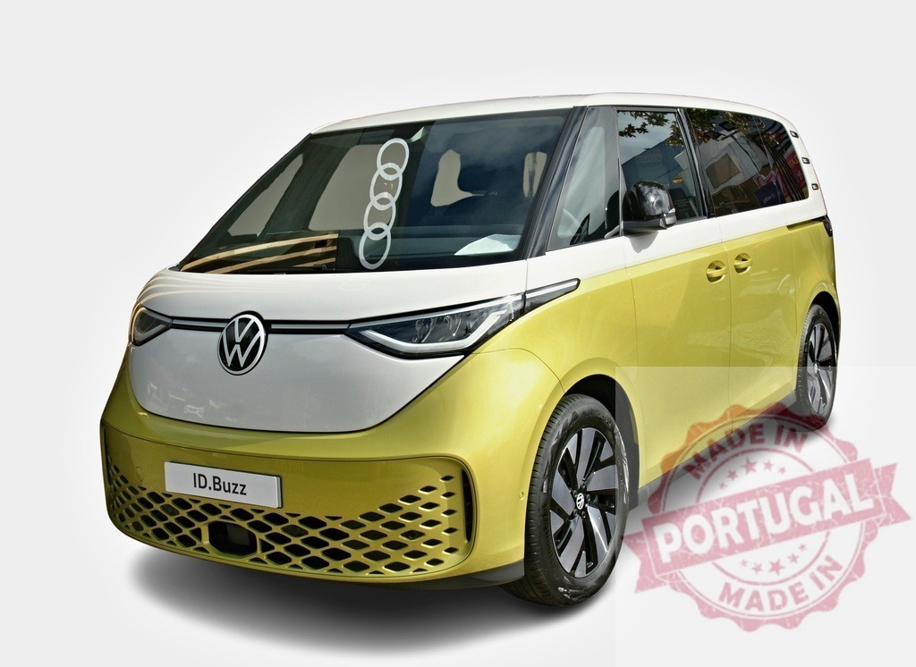 Volkswagen ID.Buzz posing in a studio setting | Modern electric Volkswagen ID.Buzz minivan posing in a studio setting, showcasing its unique design and eco-friendly features - Realisiert mit Pictrs.com