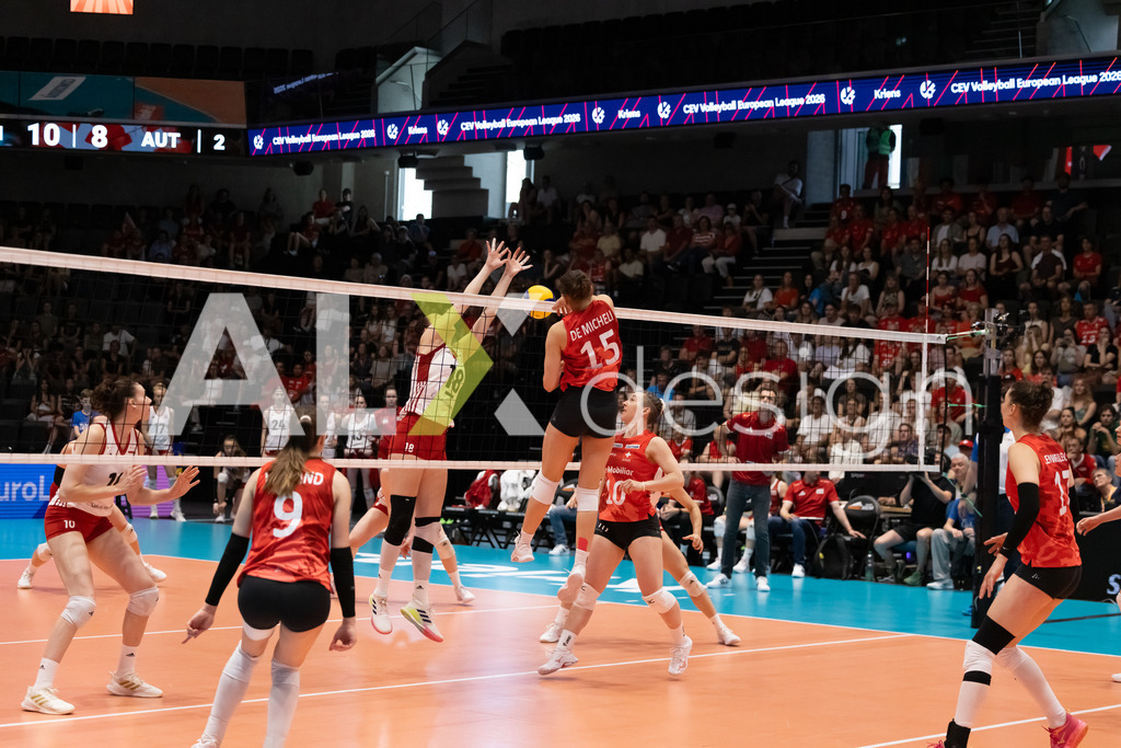 Austria v Switzerland - CEV European League Women | KRIENS, SWITZERLAND - JUNE 14: ALIX DE MICHELI of Switzerland attack / spike against NINA NESIMOVIĆ of Austria during the CEV European League match between Austria and Switzerland at Pilatus Arena on June 14, 2026 in Kriens, Switzerland. - Realisiert mit Pictrs.com
