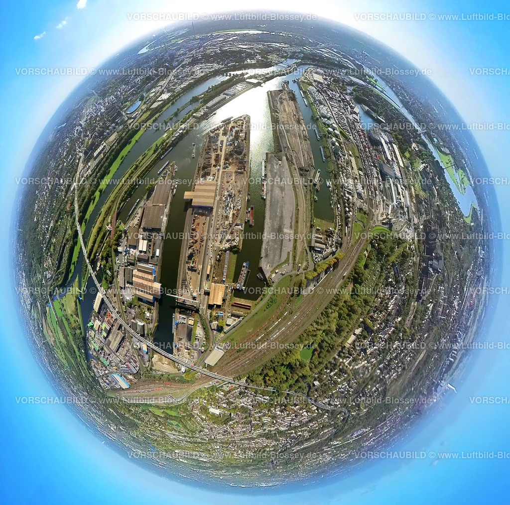 Duisburg221006_03Duisport | Luftbild, Duisport, Duisburger Hafen, Hafenkanal, Fluss Ruhr, Ölinsel, Schrottinsel, Fisheye Aufnahme, Fischaugen Aufnahme, 360 Grad Aufnahme, Ruhrort, Duisburg, Ruhrgebiet, Nordrhein-Westfalen, Deutschland