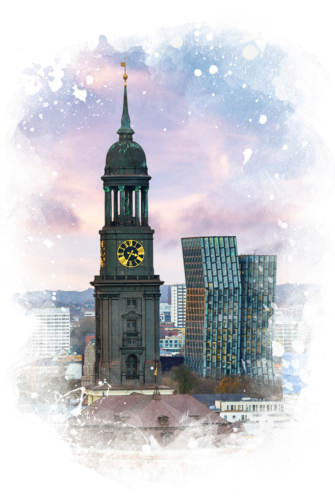 10240144 - Michel und Tanzende Türme | Blick auf den Michel und die Tanzenden Türme im Stil eines Aquarell-Gemäldes.