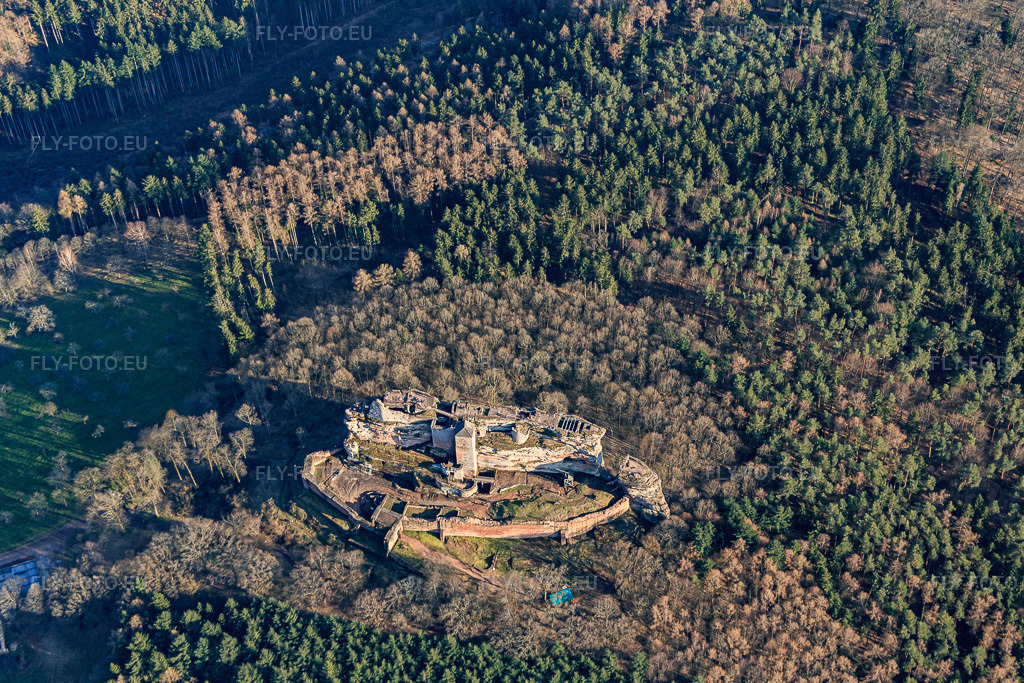 Vue aérienne: Ruines de Fleckenstein à Lembach dans le département Bas Rhin, France.Photo: IMG_086716.jpg prise le 26/03/2016 par Werner Riehm/FLY-FOTO.euRésolution de l'original: 5166 x 3444 pxWWW.FLECKENSTEIN.FR
