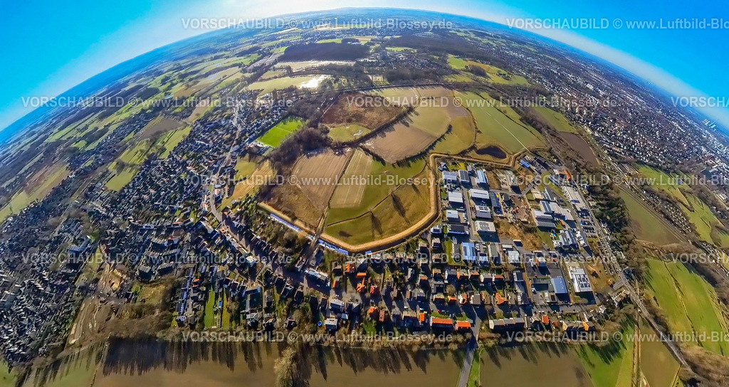 Hamm240190115AhseDamm_SoesterStrasse | Luftbild, Gewerbegebiet Herbert-Rust-Weg, Ahse-Damm Soester Straße, Wohngebiet und Wiesen und Felder, Erdkugel, Fisheye Aufnahme, Fischaugen Aufnahme, 360 Grad Aufnahme, tiny world, little planet, fisheye Bild, Uentrop, Hamm, Ruhrgebiet, Nordrhein-Westfalen, Deutschland