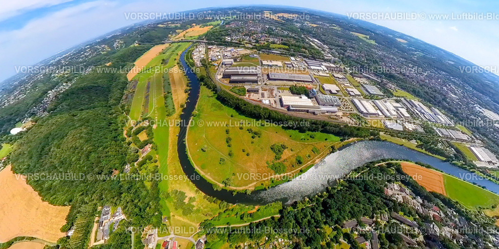Hattingen230790257_Gewerbegebiet Henrichshuette_Ruhraue | Luftbild, Fluss Ruhr Ruhraue, Gewerbegebiet Henrichshütte, Landschaftspark und Industriemusem, Erdkugel, Fisheye Aufnahme, Fischaugen Aufnahme, 360 Grad Aufnahme, tiny world, Welper, Hattingen, Ruhrgebiet, Nordrhein-Westfalen, Deutschland