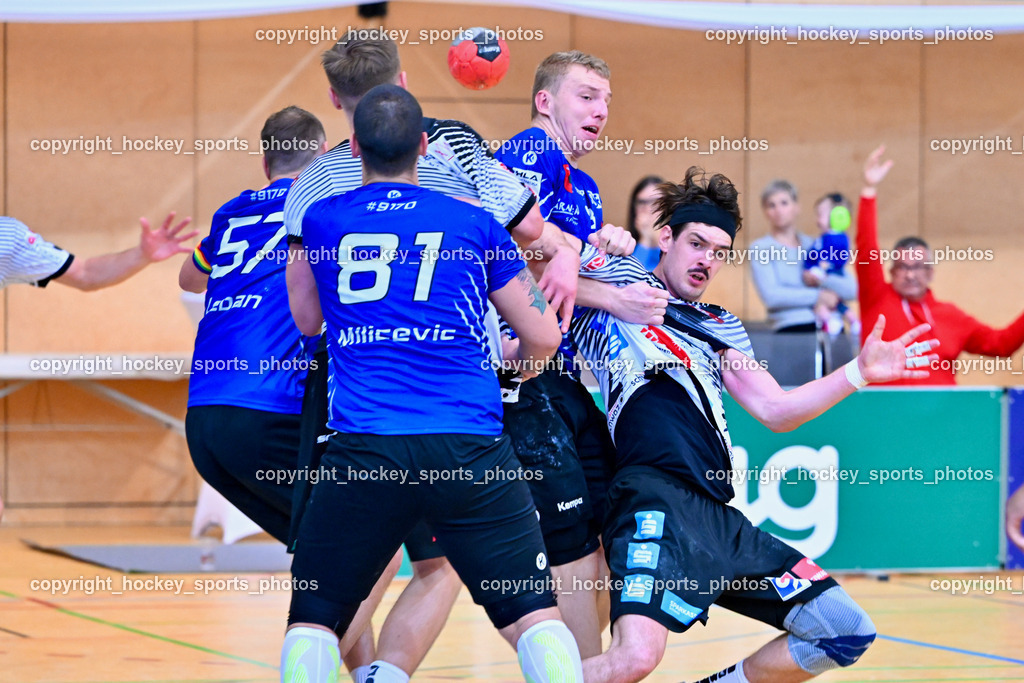 SC Ferlach vs. Schwaz Tirol Handball | #81 Milicevic Adrian SC Ferlach, #57 LEBAN Patrik SC Ferlach, #8 KNAPP Simon SC Ferlach, #26 MISKOVEZ Michael Schwaz Tirol Handball, SC Ferlach vs. Schwaz Tirol Handball, SC Ferlach vs. Schwaz Tirol Handball am 12.10.2024 in Ferlach (Ballspielhalle Ferlach), Austria, (Photo by Bernd Stefan)