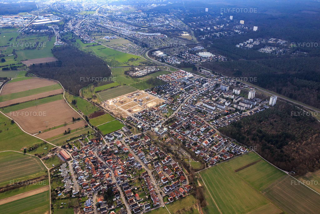 Luftbild: Ortsansicht von Norden im Ortsteil Büchig in Stutensee im Bundesland Baden-Württemberg in Deutschland. Foto: IMG_086351.jpg vom 26.02.2016 durch Werner Riehm/FLY-FOTO.de