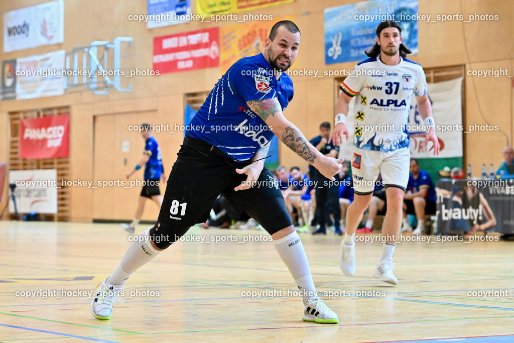 SC Ferlach vs. ALPA HC Hard | #81 MILICEVIC Adrian SC Ferlach, #37 Horvat Ivan HC Hard, SC Ferlach vs. ALPA HC Hard, SC Ferlach vs. ALPA HC Hard am 30.04.2024 in Ferlach (Ballspielhalle Ferlach), Austria, (Photo by Bernd Stefan)
