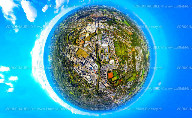 Witten241090017Mitte_DortmunderStrasse | Luftbild, Wohngebiet Ortsansicht Dortmunder Straße und Kreuzung Westfalenstraße, Gewerbegebiet mit Stadtwerke, Betriebshof, ZF Industrieantriebe Witten GmbH und Ärztehaus Witten, Erdkugel, Fisheye Aufnahme, Fischaugen Aufnahme, 360 Grad Aufnahme, tiny world, little planet, fisheye Bild, Witten, Ruhrgebiet, Nordrhein-Westfalen, Deutschland