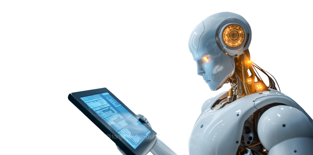 Roboter isoliert D | Ein moderner edler autonomer humanoider Roboter der sich autonom über ein Tablet programmiert. Isoliert vor transparentem Hintergrund. Autonome KI. 
