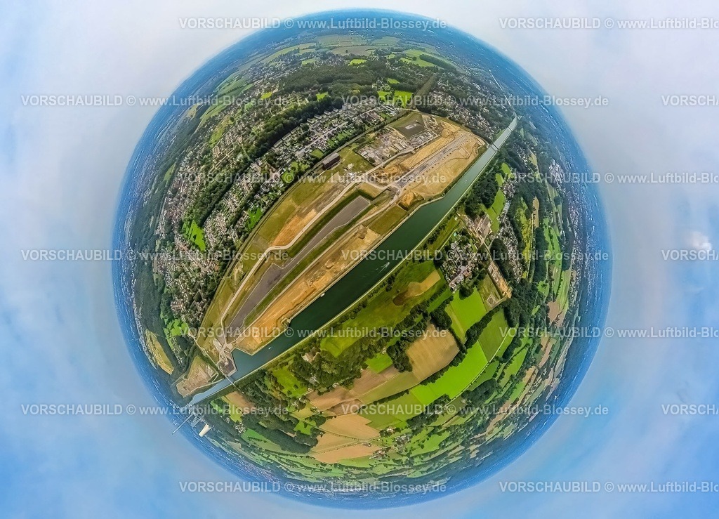 Bergkamen230990133 Wasserstadt Aden | Luftbild, Wasserstadt Aden am Datteln-Hamm-Kanal, Baugebiet für geplantes Stadtquartier, Erdkugel, Fisheye Aufnahme, Fischaugen Aufnahme, 360 Grad Aufnahme, tiny world, Oberaden, Bergkamen, Ruhrgebiet, Nordrhein-Westfalen, Deutschland