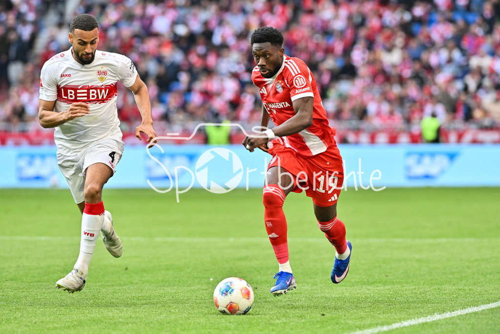 FC Bayern München - VfB Stuttgart | MUNICH, GERMANY - 19. APRIL: tackle between Josha VAGNOMAN (VfB Stuttgart 4) and Alphonso DAVIES (FC Bayern Munich 19) during the Bundesliga Match between FC Bayern Munich vs. VfB Stuttgart at Matchday 30 at Allianz Arena / DFL REGULATIONS PROHIBIT ANY USE OF PHOTOGRAPHS AS IMAGE SEQUENCES AND/OR QUASI-VIDEO
