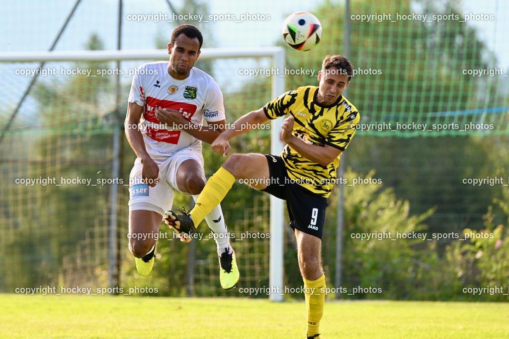 FC Faakersee vs. Rapid Lienz  | #4 Aziz Olayemi Ayodeji Rapid Lienz, #9 Thomas Unterguggenberger FC Faakersee, FC Faakersee vs. Rapid Lienz , FC Faakersee vs. Rapid Lienz  am 04.08.2024 in Faakersee (Sportplatz Faakersee), Austria, (Photo by Bernd Stefan)