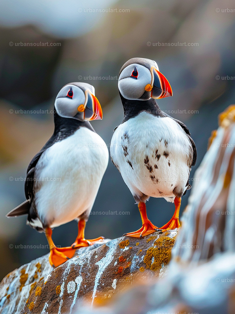 Two Puffins On A Rock | Adorable and eye-catching, this artwork of two puffins perched on a rock is a charming addition for bird lovers and nature enthusiasts. The vibrant colors and unique expressions of the puffins make this a delightful focal piece for any room. - Realisiert mit Pictrs.com