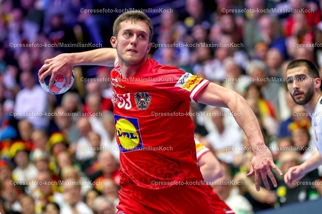 EHF19012601093 | 19.01.2026, Handball, Men's EHF EURO 2026, Österreich - Serbien, Jyske Bank Boxen in Herning, Dänemark, Preliminary Round:  Mykola Bilyk (Austria #53) 