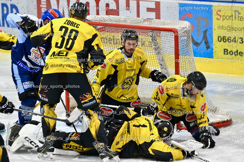 ESC Steindorf vs. EC Hornets Spittal 25.2.2024 | #38 Zorec Marco EC Hornets Spittal, #1 Zauchner Rene EC Hornets Spittal, #15 Rossbacher Daniel EC Hornets Spittal, #33 Kabas Michael EC Hornets Spittal, ESC Steindorf vs. EC Hornets Spittal 25.2.2024, ESC Steindorf vs. EC Hornets Spittal 25.2.2024 am 25.02.2024 in Steindorf (Ossiachersee Halle), Austria, (Photo by Bernd Stefan)