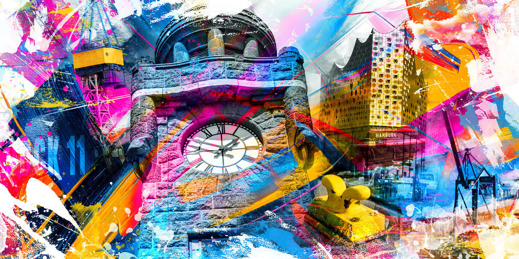 10251007 - Hamburg Pop Art Painting Collage | Hamburg Collage im modernen Pop Art Stil für eine farbenfrohes Statement an Ihrer Wand.
