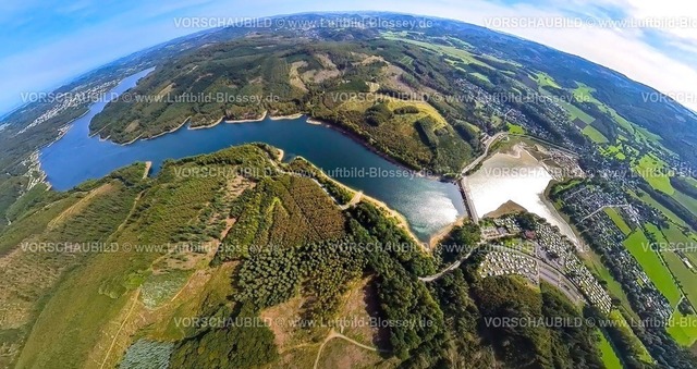 Sundern230990231SorpeseeAmecke | Luftbild, Sorpesee und Ortsansicht Ortsteil Amecke, Campingplätze Am Amecker Damm und Brücke Seestraße, Erdkugel, Fisheye Aufnahme, Fischaugen Aufnahme, 360 Grad Aufnahme, tiny world, Amecke, Sundern, Sauerland, Nordrhein-Westfalen, Deutschland