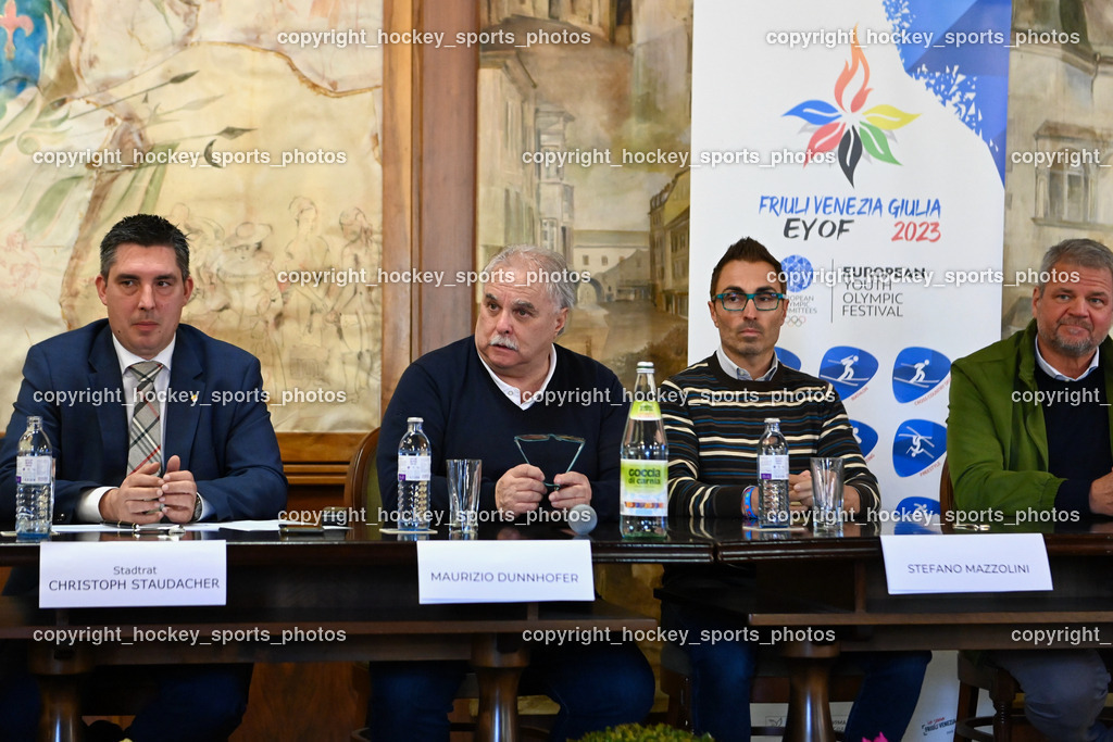 European Youth Olympic Festival EYOF 2023 Pressekonferenz | Stadtrat Spittal an der Drau Christoph Staudacher, Maurizio Dunnhofer, Stefano Mazzolini, Bürgermeister Spittal an der Drau Gerhard Köfer