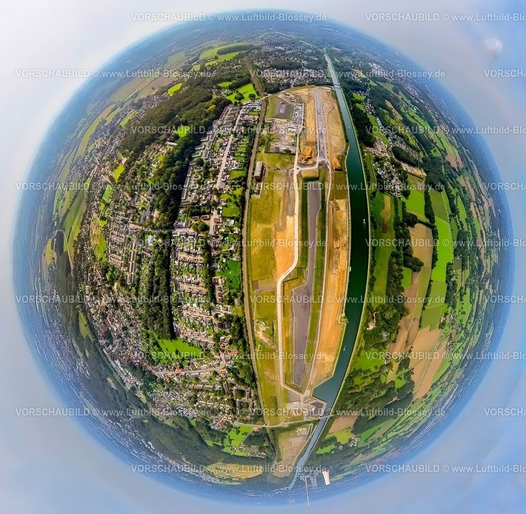 Bergkamen230990132 Wasserstadt Aden | Luftbild, Wasserstadt Aden am Datteln-Hamm-Kanal, Baugebiet für geplantes Stadtquartier, Erdkugel, Fisheye Aufnahme, Fischaugen Aufnahme, 360 Grad Aufnahme, tiny world, Oberaden, Bergkamen, Ruhrgebiet, Nordrhein-Westfalen, Deutschland