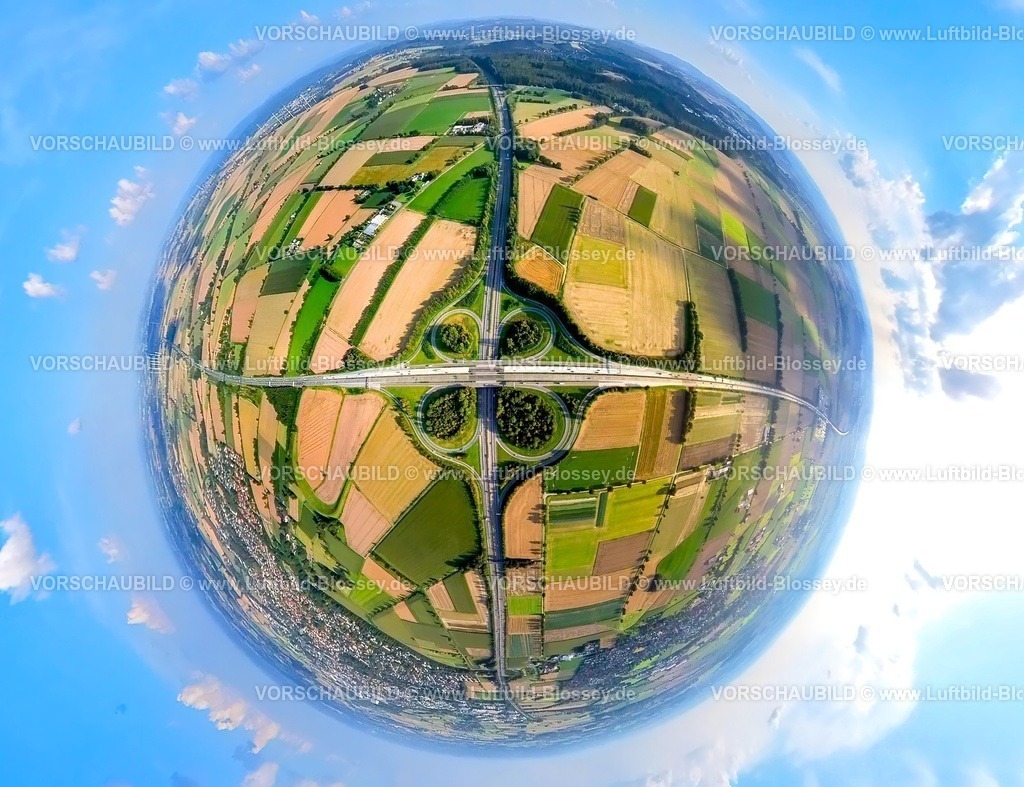 Werl230891050 A44 A445 BAB-Kreuz-topaz | Luftbild, Autobahnkreuz Werl, Autobahn A44 und Autobahn A445, Formen und Farben, Erdkugel, Fisheye Aufnahme, Fischaugen Aufnahme, 360 Grad Aufnahme, tiny world, Werl, Ruhrgebiet, Nordrhein-Westfalen, Deutschland