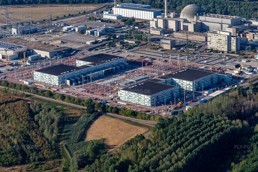 Luftbild: TransnetBW GmbH, Gleichstrom-Umspannwerk auf dem Gelände des stillgelegten AKW Philippsburg in Philippsburg im Bundesland Baden-Württemberg in Deutschland. Foto: IMG_133996.jpg vom 21.08.2022 durch Werner Riehm/FLY-FOTO.deULTRANET - Projekte - Netzentwicklung - TransnetBW