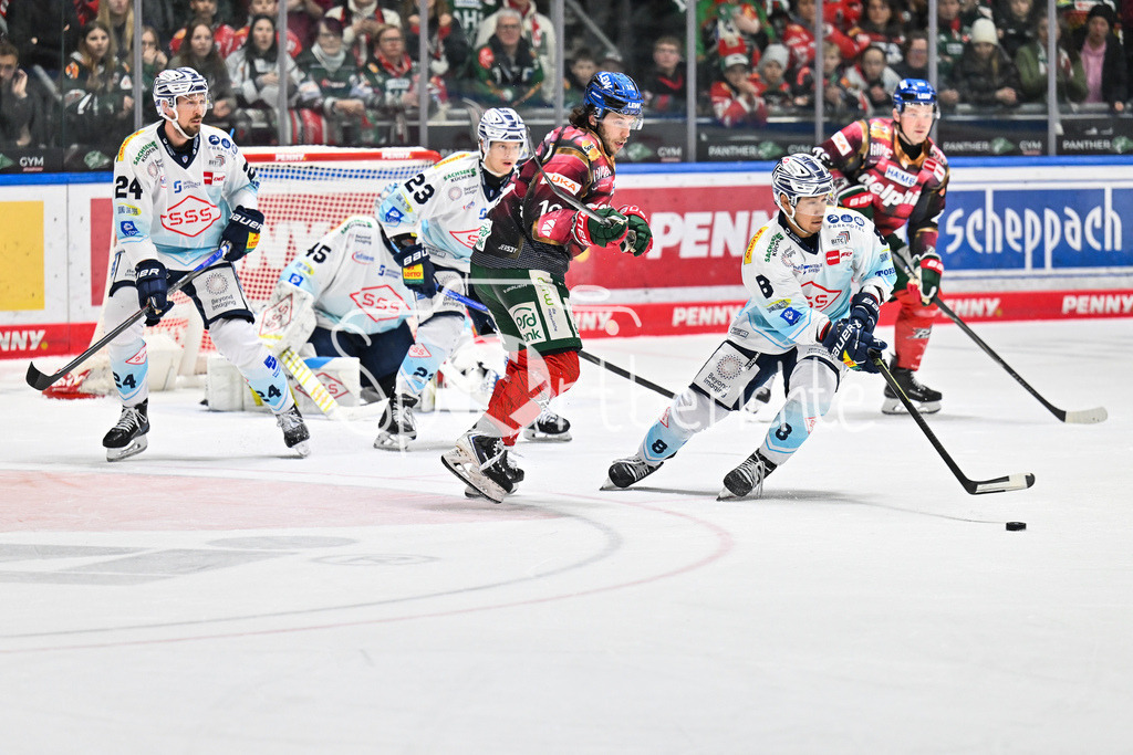 Augsburger Panther - Dresdner Eislöwen | AUGSBURG, DEUTSCHLAND - 06. MÄRZ: im Duel Riley DAMIANI (Augsburger Panther 19) und Austin ORTEGA (Eislöwen Dresden 8) während dem Match zwischen den Augsburger Panthern und den Dresdner Eislöwen am 49. Spieltag der Penny DEL im Curt Frenzel Stadion