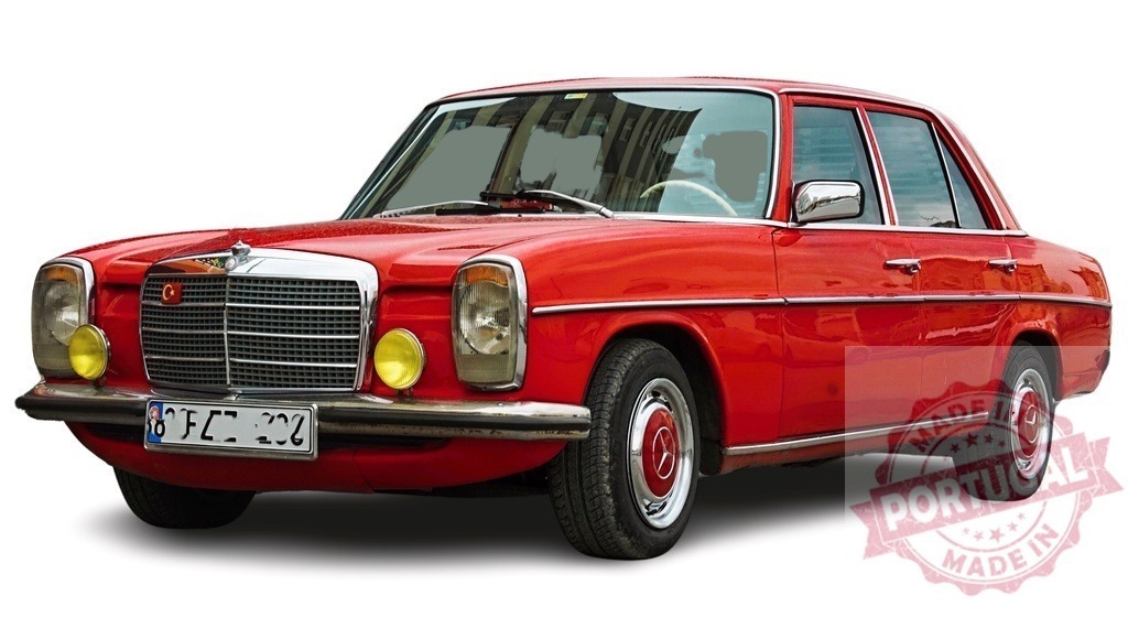 Classic Red Mercedes-Benz W114 Is Displaying on White Background | Restored vintage Mercedes-Benz W114 posing on a white background, showing its timeless design and elegance - Realized with Pictrs.com