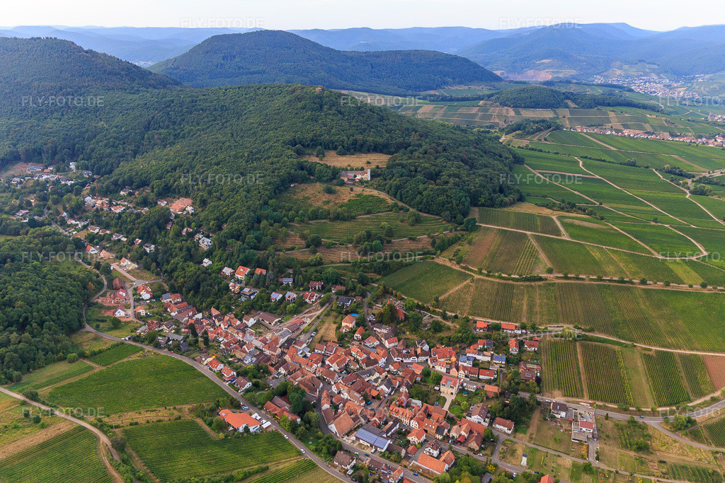 Luftbild: Winzerdorf zu Füßen des Haardtrands aus Süden in Leinsweiler im Bundesland Rheinland-Pfalz in Deutschland. Foto: IMG_094590.jpg vom 02.09.2016 durch Werner Riehm/FLY-FOTO.de