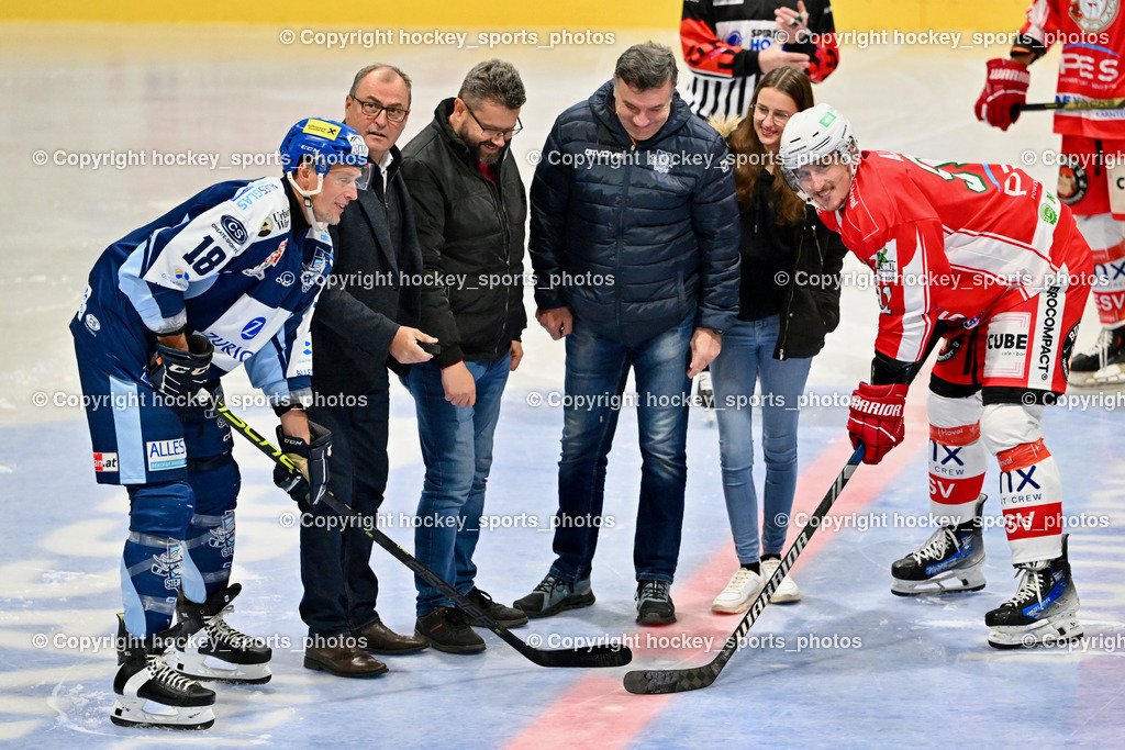 ESC Steindorf vs. ESV Ferlach | #18 Pewal Martin ESC Steindorf, Bürgermeister Steindorf Georg Kavalar, SC Steindorf Obmann Hans Tschernutter, #91 Alagic Adis ESV Ferlach, ESC Steindorf vs. ESV Ferlach, ESC Steindorf vs. ESV Ferlach am 19.10.2024 in Steindorf (Ossiachersee Halle), Austria, (Photo by Bernd Stefan)